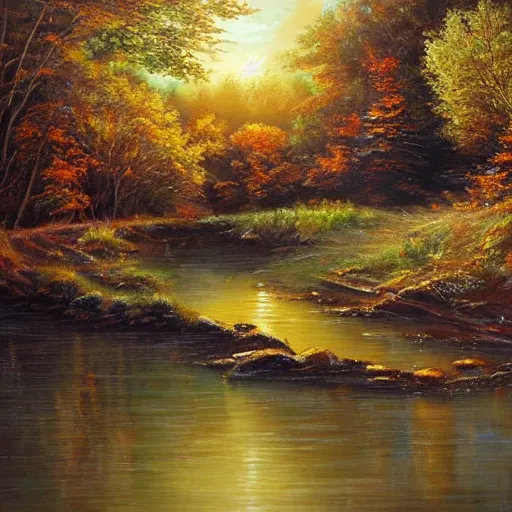 Image similar to beautiful scenery, varnished painting, visible canvas, highly reflective, realistic reflections, realistic lighting, glossy, realistic