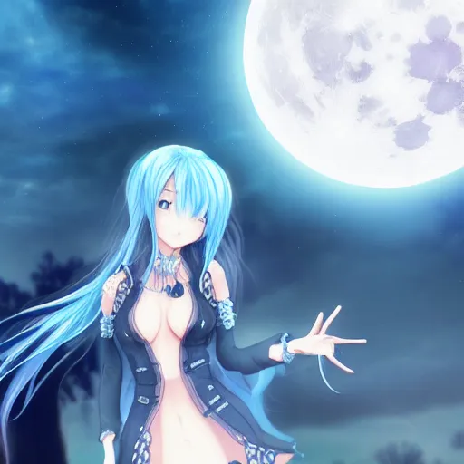 Prompt: a girl with blue hair is standing in front of a full moon, a screenshot by Jin Homura, featured on pixiv, gothic art, gothic, anime, official art