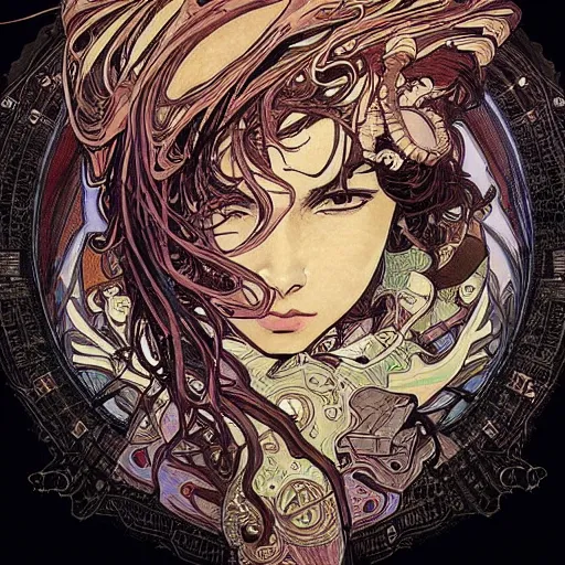 Image similar to alphonse mucha yoji shinkawa moebius jean girard shintaro kago junji ito esoteric hypnogogic ethereal ethereality dreamy combat mech cyberpunk synthwave gustave dore james gurney artstation rutowski artstation deviantart unsplash behance incredible intricate machinery illusionary art and trash polka