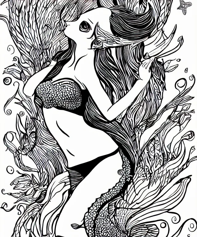 Image similar to black and white illustration, creative design, beautiful mermaid, full body, bikini top fish tail
