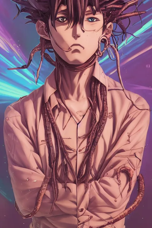 Image similar to portrait of an anime manga guy with snake dreads, straight on, by artgerm, james jean, tom bagshaw, gerald brom, vaporwave colors, lofi colors, vaporwave, lofi, goth vibe, 4 k, smooth, hd, substance designer render, full body character concept art, symmetrical, 2 point lighting,