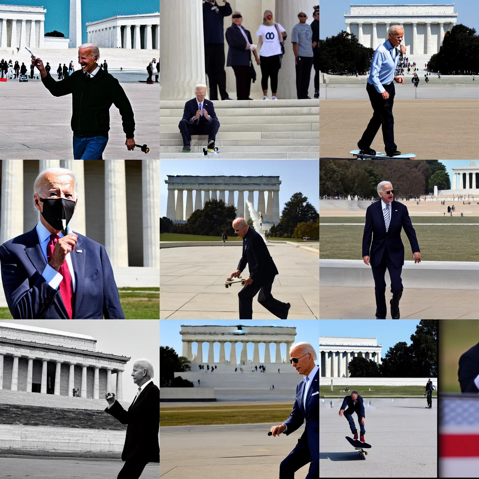 Prompt: Joe biden smoking weed while skateboarding at the lincoln memorial