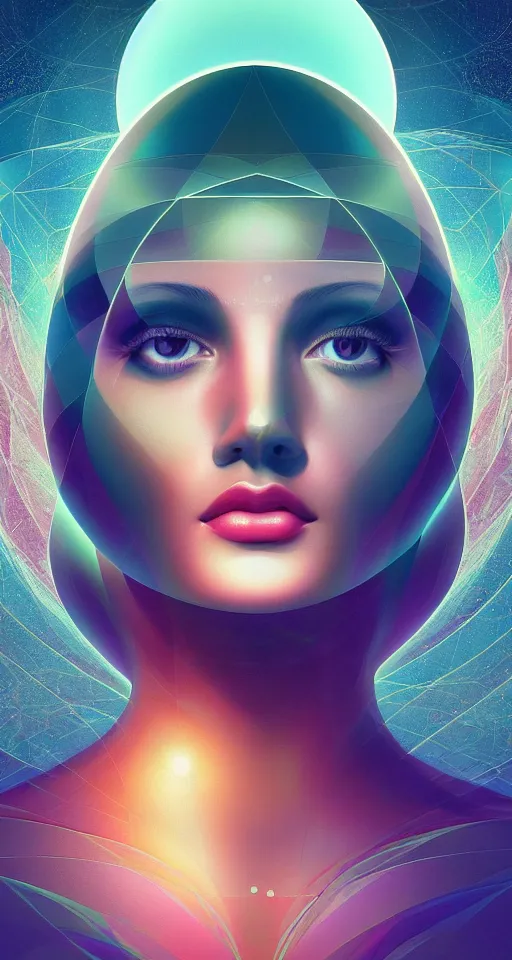 Prompt: art deco close up portait of head surrounded by spheres, like a dream digital painting curvalinear cinematic dramatic fluid lines otherworldly vaporwave interesting details epic composition by artgerm