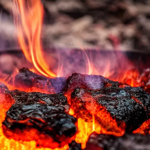 Image similar to bbq party inside of an active volcano, meat, lava, party, at golden hour, bokeh, 3 2 megapixel