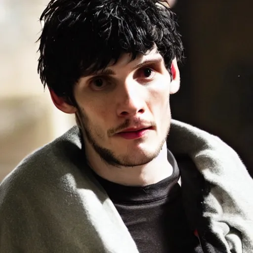 Image similar to Colin Morgan as Cyberpunk Merlin