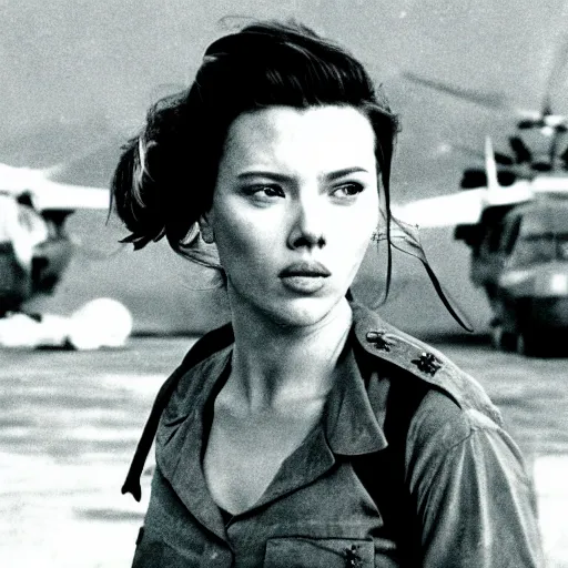 Prompt: scarlett johanson as a soldier in vietnam, film still, kodak, blue tint