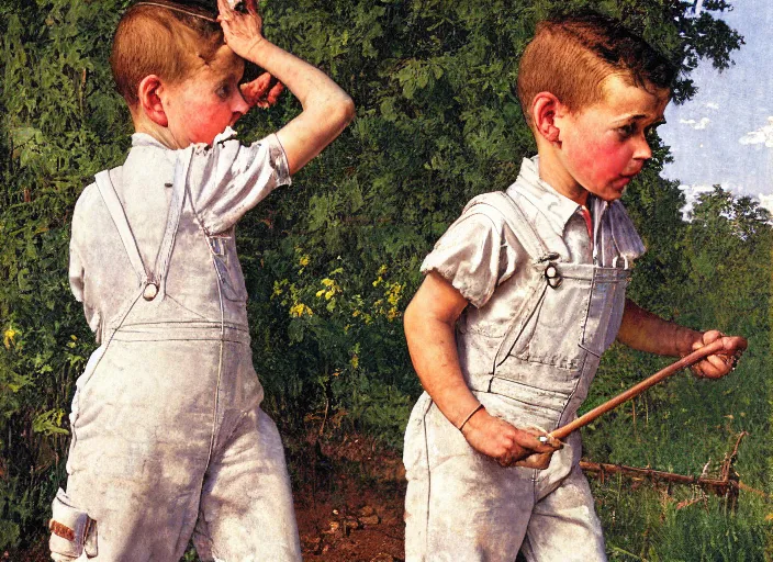 Prompt: high quality high detail painting by norman rockwell, hd, two young boys wearing overalls, farm, muted pastel colors, photorealistic lighting