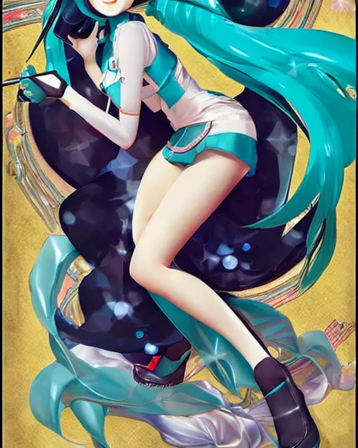 Prompt: Hatsune Miku full body pin up modeling in idol unioform, with a park in the back ground, post war style, detailed face, american postcard art style, by Anna Dittmann and Greg Hildebrandt