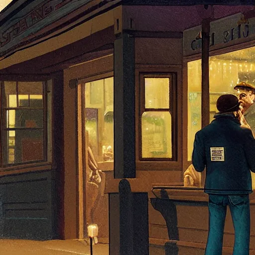 Image similar to a man in a shearling denim jacket smokes a cigarette outside a lonely colorado bar, art by angus mcbride, hd, night scene, composition inspired by gregory crewdson.