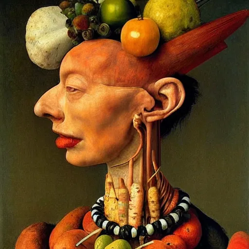 Image similar to very very beautiful portrait photo made from primitive objects, Perfect face, extremely high details, realistic, by Giuseppe Arcimboldo, Edward Hopper, Rene Margitte