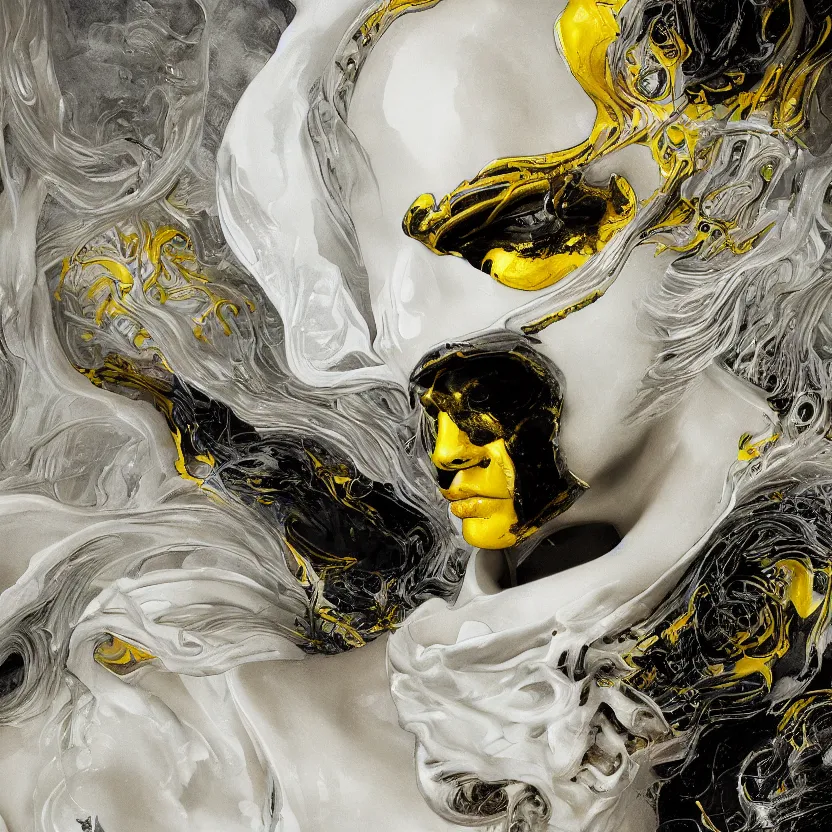 Prompt: a dark baroque close - up portrait of a vivid yellow and white porcelain being made out of white liquid sci - fi vitrified translucent ceramic marble ; china. reflective detailed textures. gloomy black background. highly detailed fantasy science fiction painting by moebius, norman rockwell, frank frazetta, and syd mead. rich colors, high contrast. artstation