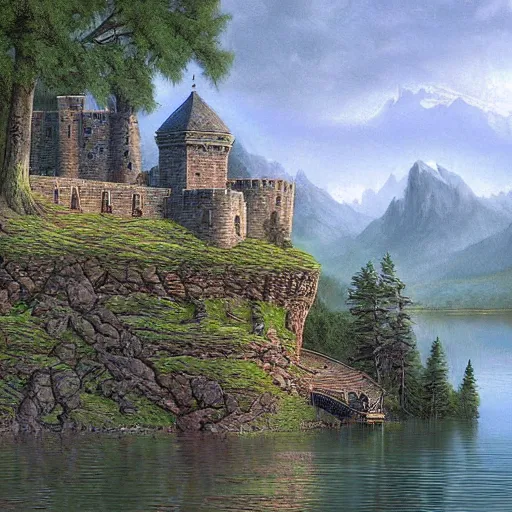 Image similar to fortress in the back country beside a lake, Darrell k sweet, digital art