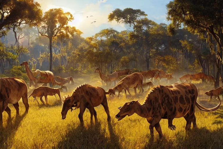 Prompt: a herd of pentasaurus grazing in a warm, sun-filled Savannah at the golden hour, water color, art by artgerm and greg rutkowski and alphonse mucha and jin xiaodi and anthony devine