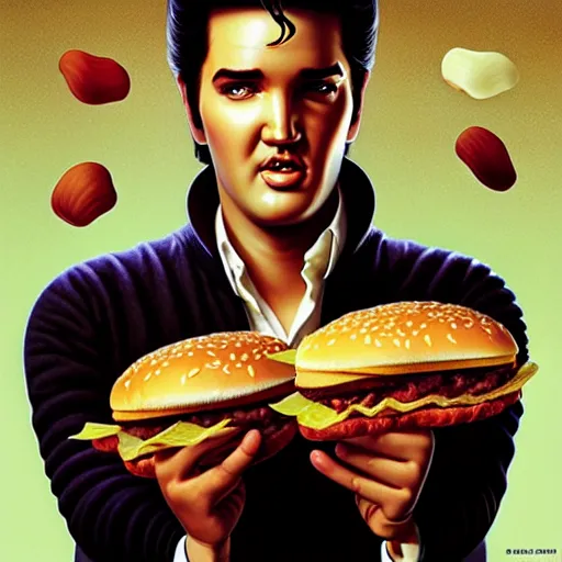Prompt: portrait of Elvis Presley eating hamburgers, extra onions and ketchup, luscious patty with sesame seeds, ethereal, handsome, D&D, fantasy, intricate, elegant, highly detailed, digital painting, artstation, concept art, matte, sharp focus, illustration, art by Artgerm and Greg Rutkowski and Alphonse Mucha
