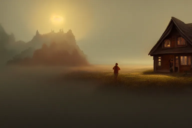 Image similar to a house in the shape of a human, rust, hyperrealistic, highly detailed, cinematic, single ray of sun, fog, beautiful, cgssociety, artstation, 8 k, oil painting