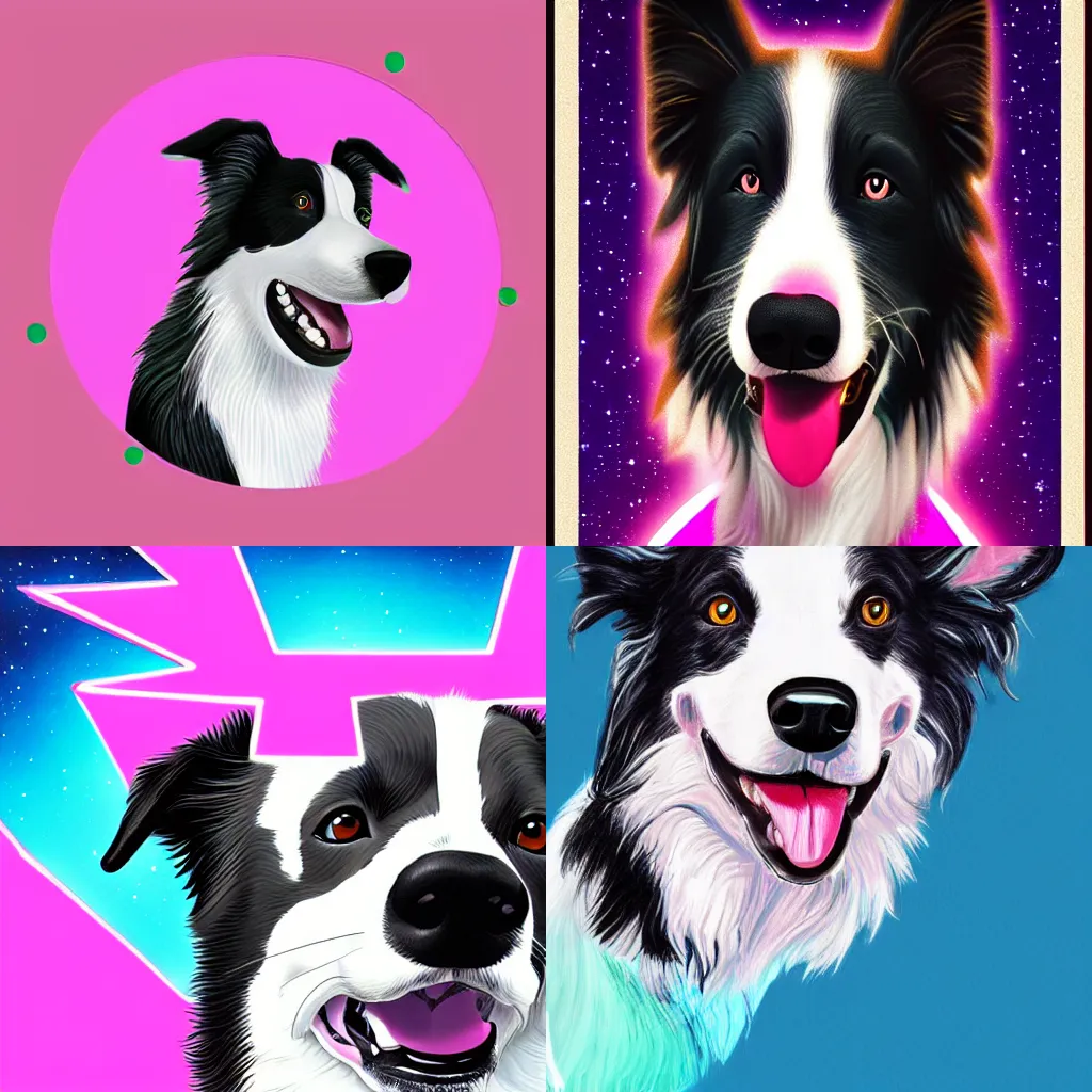 Prompt: a smiling border collie dog with a pink star on its collar, 80s sci-fi movie poster, digital painting, highly detailed render