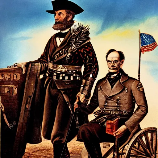 Prompt: William Tecumseh Sherman and Abraham Lincoln in the movie Mad Max Road Warrior, promotional portrait, full color, cinematic, Eastman 5384 film