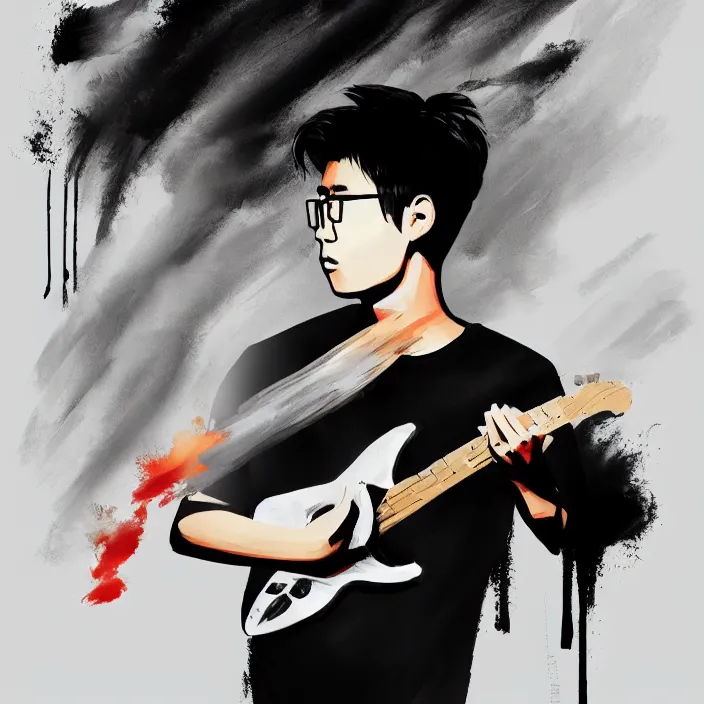 Prompt: minimal painting of a young korean man wearing black t shirt holding an electric guitar!!, dark background, huge brush strokes, dramatic smoke everywhere, matte colors, dramatic brush strokes, abstract, trending on artstation