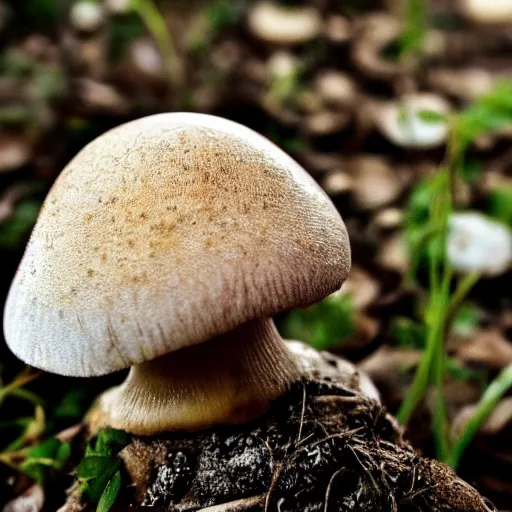 Image similar to macro photo with a mushroom with cute eyes, drawn in detail