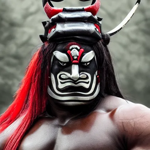 Image similar to big buff strong very buff samurai wearing an oni mask, movie still