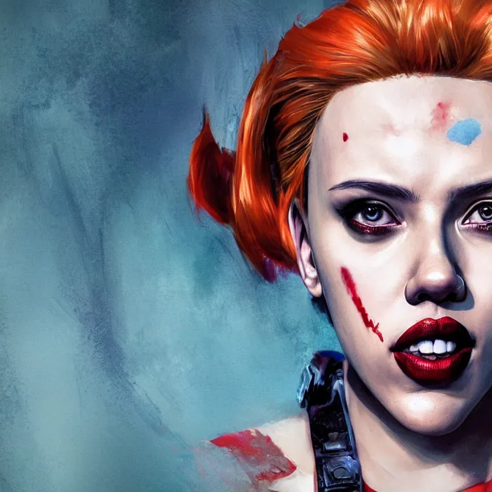 Image similar to portrait of scarlett johansson as a harley quinn. intricate abstract. intricate artwork. by Tooth Wu, wlop, beeple, dan mumford. octane render, trending on artstation, greg rutkowski very coherent symmetrical artwork. cinematic, hyper realism, high detail, octane render, 8k, iridescent accents