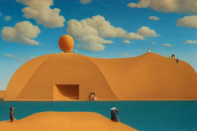 Prompt: impossibile sand structure with a small crowd outside on a tropical island, fluffy clouds, blue sky by magritte and de chirico, oil painting, hyper detailed, masterpiece 4 k