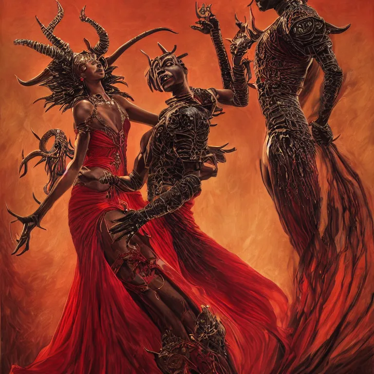 Image similar to beautiful painting of black man and a female devil in red dress with horns are dancing together, in Dark souls and elden ring style, insanely detailed and intricate, golden ratio, hypermaximalist, elegant, ornate, luxury, elite, ominous, haunting, matte painting, cinematic, cgsociety, James jean, Brian froud, ross tran, Laputa