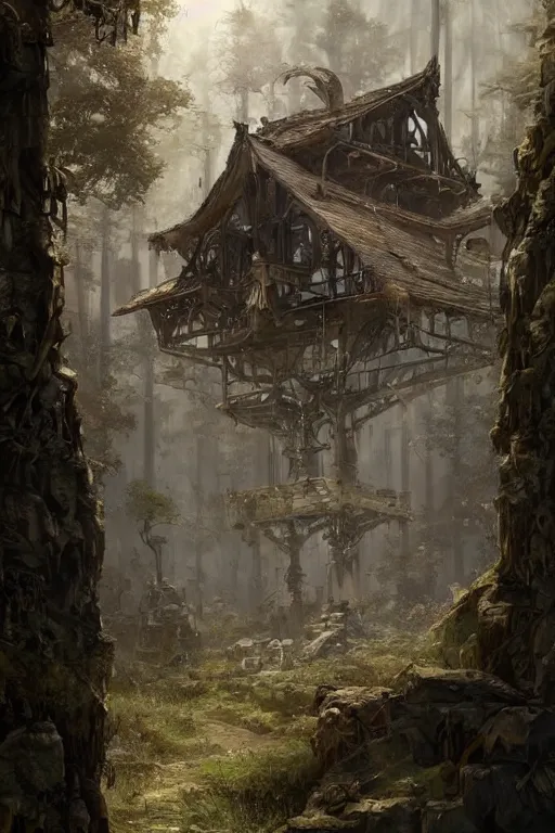 Prompt: a ramshackle multistory hut in the woods, well armored, intricate, elegant, fantasy, highly detailed, digital painting, concept art, sharp focus, illustration, beautiful volumetric lighting, artstation, art by artgerm and greg rutkowski