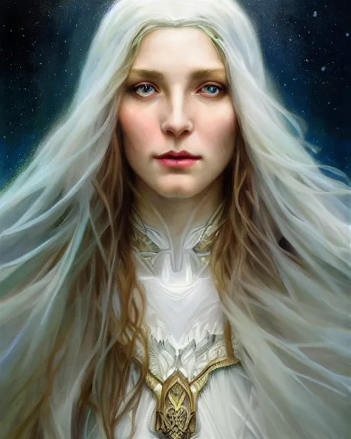 Prompt: realistic portrait of a beautiful white witch, bright, beautiful, heroic pose, beautiful face, magic, full body, dramatic lighting, intricate, wild, highly detailed, digital painting, artstation, concept art, smooth, sharp focus, illustration, art by artgerm and greg rutkowski and alphonse mucha, footage from space camera