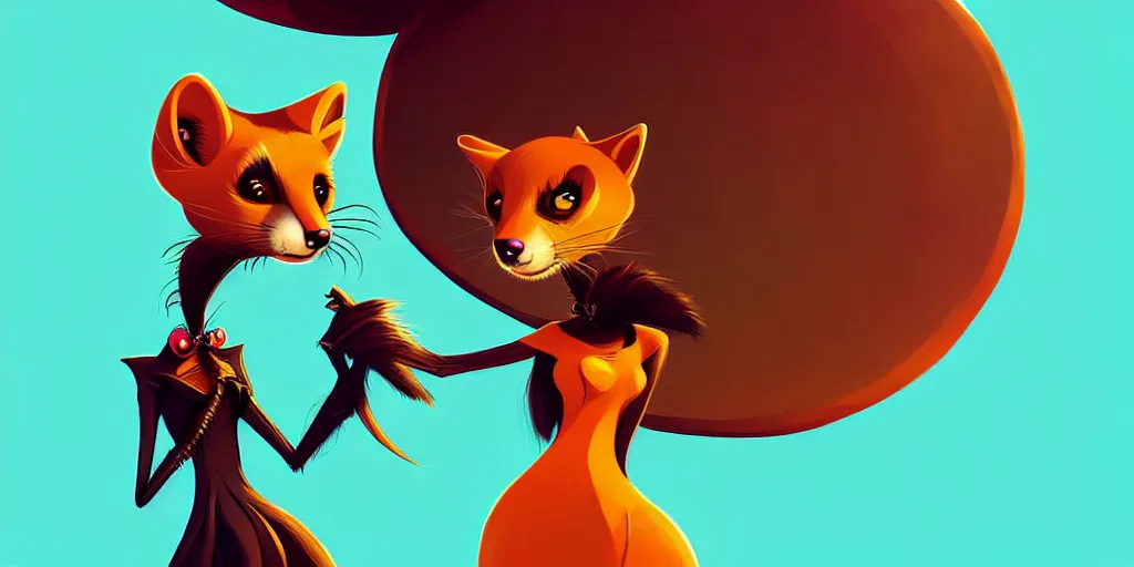 Image similar to curved perspective, extreme narrow, extreme fisheye, digital art of a female marten animal cartoon character wearing jewlery with woman hairstyle by anton fadeev from nightmare before christmas