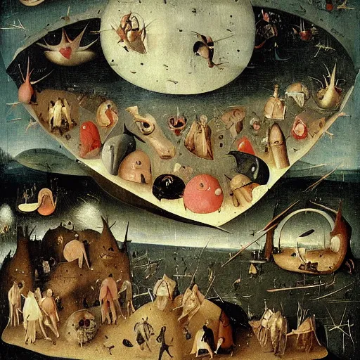 Prompt: absolute void filled with fish people flying and eating frogs, by hieronymus bosch