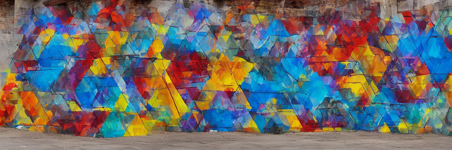 Image similar to abstract landscape, Street Art, Mural, Hypercube, Non-Euclidian, Catalan solids