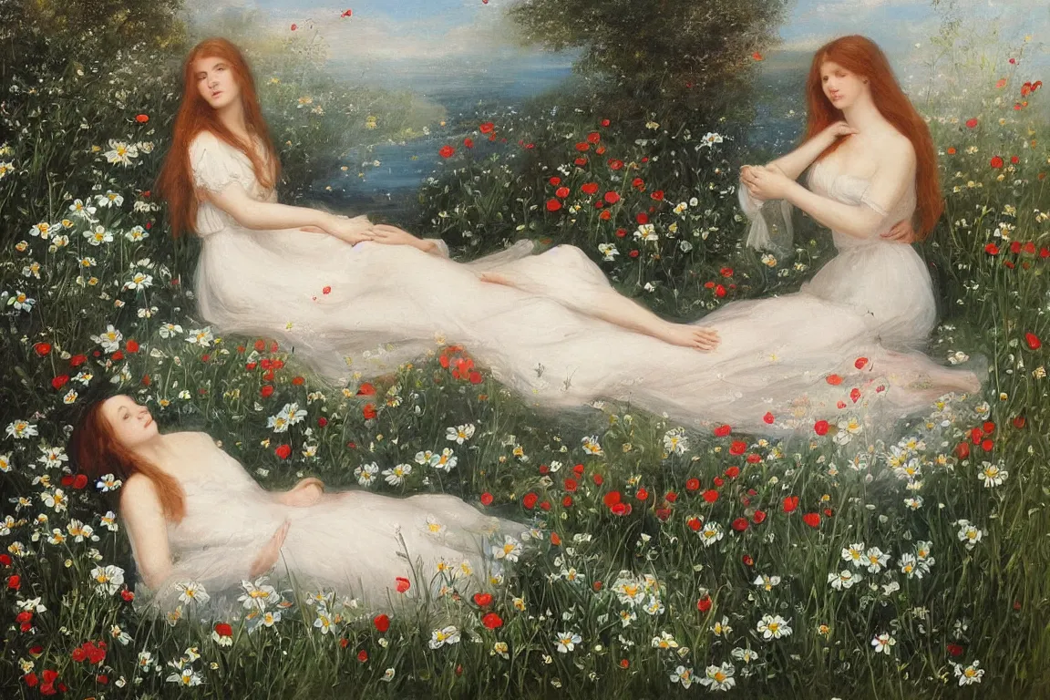 Image similar to Beautiful woman lying in a water stream. Flowers in hand. white dress, light red long hair. Apathetic, pale. Poppies means death, daisies innocence and pansies love in vain.The painting was regarded in its day as one of the most accurate and elaborate studies of nature ever made. The background was painted from life by the Hogsmill river in Surrey. Naturalistic. Painting by John Everett Millais.