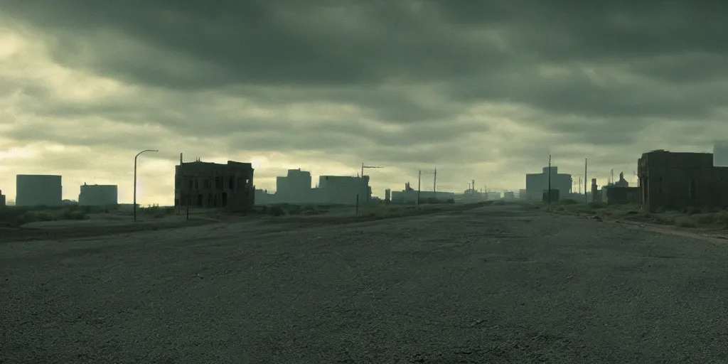 Image similar to a film still landscape by roger deakins - an abandoned city, 3 5 mm lens, early morning, dramatic lighting, cinematography, cinematic, global illumination, highly detailed, photorealistic