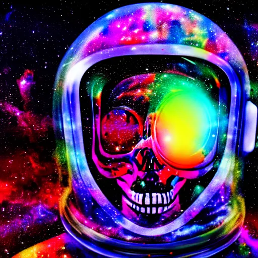 Prompt: a psychedelic cosmonaut skeleton melting tearing his suit off, rainbow melting color scheme, floating in the cosmos nebula, glass space helmet, warping time and space, trading illegal goods, magic mushrooms, psilocybin, LSD, face, space helmet, futuristic, detailed, intricate, elegant, highly detailed, digital painting, artstation, concept art, smooth, sharp focus, akira style illustration, art by Krenz Cushart and Artem Demura and Alphonse Mucha