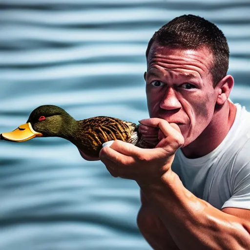 Image similar to John Cena eating a duck, 40nm lens, shallow depth of field, split lighting, 4k,