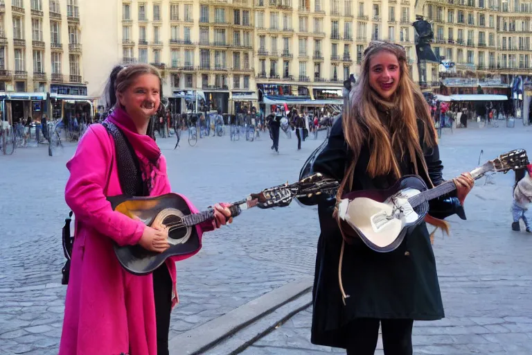 Prompt: a busking girl in the streets of paris with a pirate smile, hyperrealism, 8k