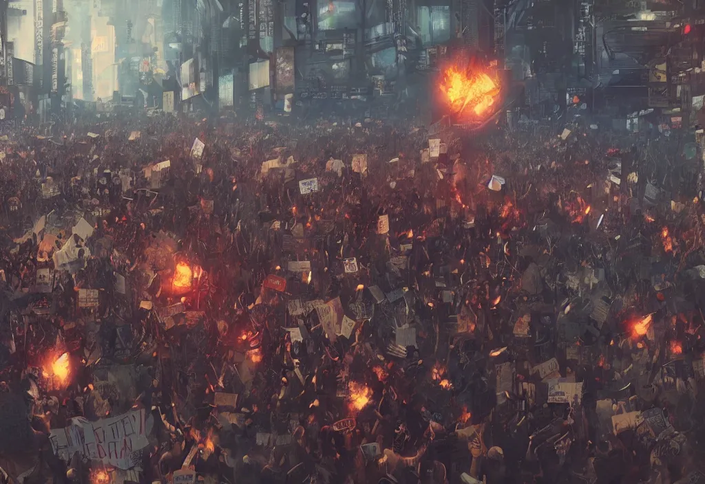 Image similar to angry protesters holding placard, detailed digital illustration by greg rutkowski, medium shot, cyberpunk
