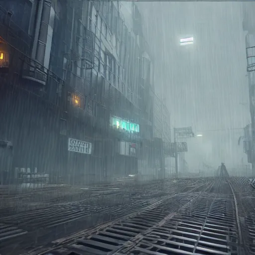 Prompt: raining dark smog wide angle shot dieselpunk dystopia makoto shinkai corrogated steel walkway