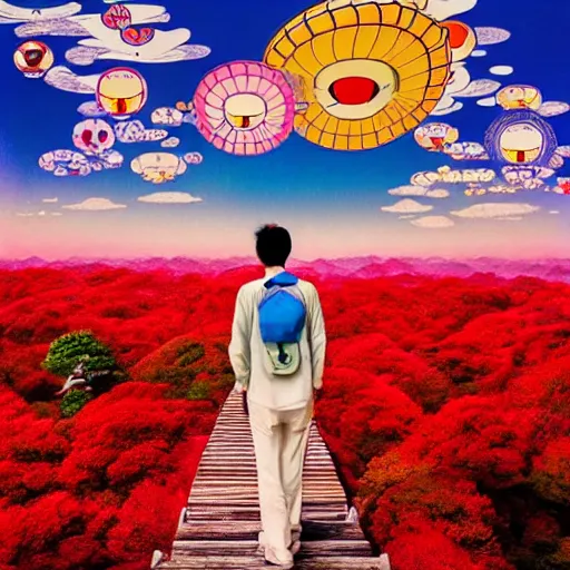 Image similar to a man walking on clouds away from the camera above kyoto by takashi murakami, beeple and james jean, aya takano color style, 4 k, super detailed, modern, 4 k, symmetrical