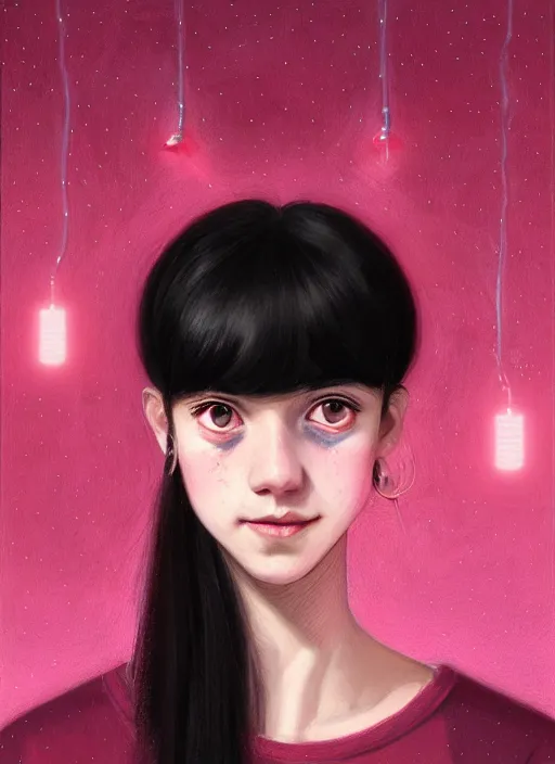 Image similar to portrait of teenage girl, realistic, black hair, bangs, half updo hairstyle, pointy nose, skinny, smile, ugly, defined jawline, big chin, pink hair bow, earrings, intricate, elegant, glowing lights, highly detailed, digital painting, artstation, sharp focus, illustration, art by wlop, mars ravelo and greg rutkowski