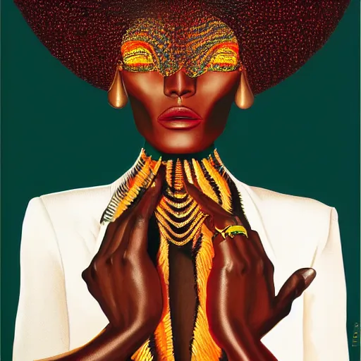 Prompt: a professionally painted african female model , grace jones, clothed in ancient, dark skin, red gold hair, beautiful bone structure, symmetrical facial features, stunningly beautiful, intricate, elegant, digital painting, smooth, sharp focus, illustration, made by Kehinde Wiley, Kara Walker, Jacob Lawrence, Sam Gilliam, Edmonia Lewis