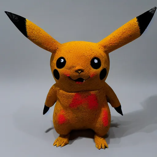 Prompt: abstract, sculpture Pikachu made of various materials from rainforest of face of artificial intellicgence
