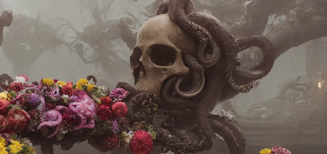 Prompt: a bird on an octopus in the shape of a skull surrounded by flowers at dawn, foggy, cinematic shot, photo still from movie by denis villeneuve, wayne barlowe