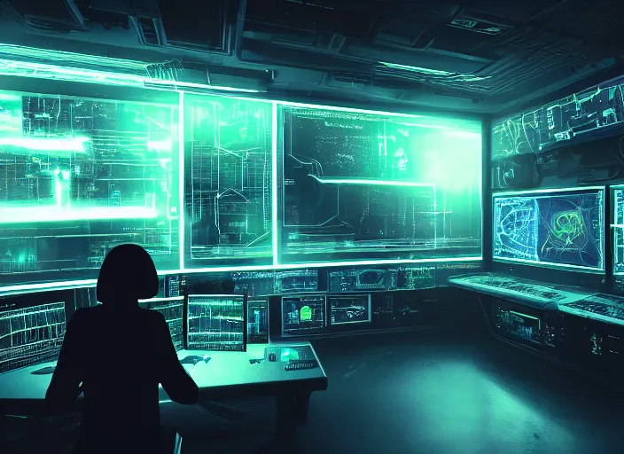 Image similar to a dimly lit room with a cyberpunk girl sat in the middle. a wall of televisions and computer screens showing images of aliens, planets and data. oscilloscope. cyberpunk vibes. sci - fi. realistic photography art. zack snyder. tooth wu and wlop and beeple and greg rutkowski. dslr. 8 k resolution. vray