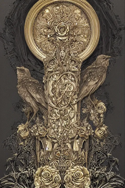 Prompt: beautiful render of catholic rococo roses veiled crow sculpture with symmetry, intricate detail, by Edward Burne-Jones and aaron horkey and NekroXIII and Billelis and peter gric, artstation, ZBrush, maximalist, glittering, gold, silver, ivory, hyperreal