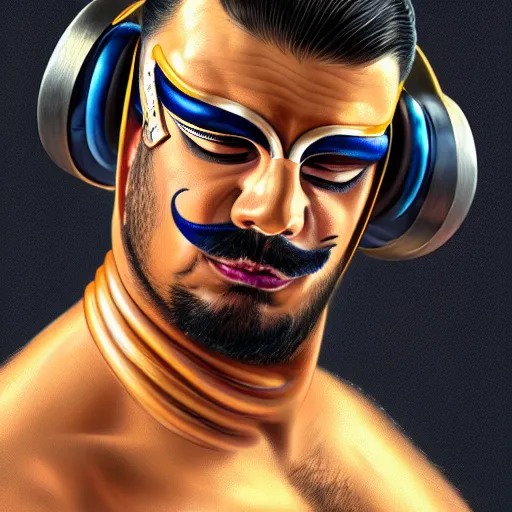 Prompt: portrait of lucha libre dj, muscular, headphones, thick golden ring around the neck, fantasy, intricate, elegant, highly detailed, digital painting, artstation, concept art, smooth, sharp focus, illustration, art by tom of finland and artgerm and greg rutkowski and alphonse mucha