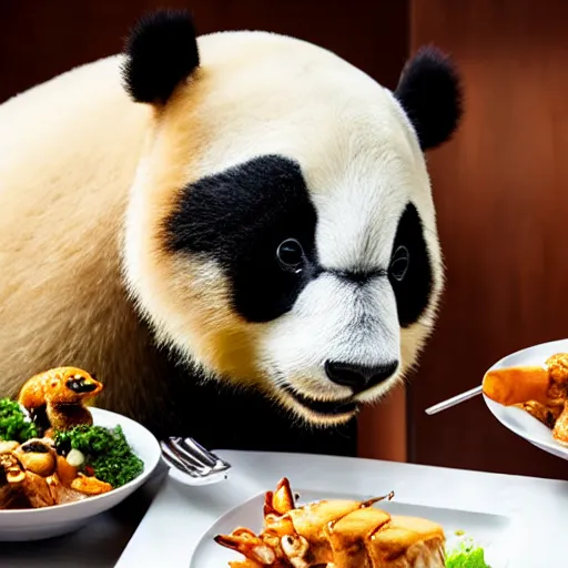 Image similar to a group of diners being served panda in a fancy restaurant, promotional picture, award winning, high quality, high resolution