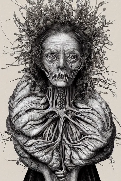 Image similar to Detailed maximalist portrait of a beautiful old woman with large lips and eyes, scared expression, botanical skeletal with extra flesh, HD mixed media, 3D collage, highly detailed and intricate, surreal illustration in the style of Caravaggio, dark art, baroque, centred in image