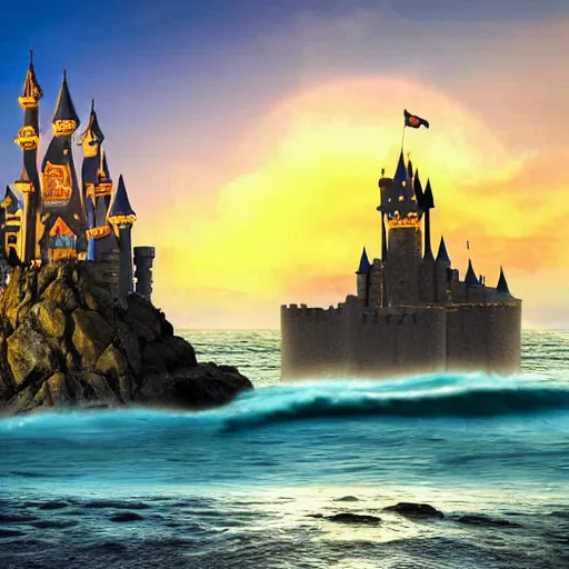 Image similar to Fantasy Castle on island surrounded by waves at sunset